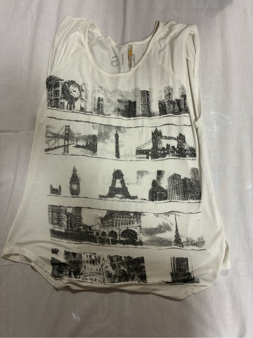 Ocasion Loose Fit White Tank Top with Rhinestones Black Cityscape Print